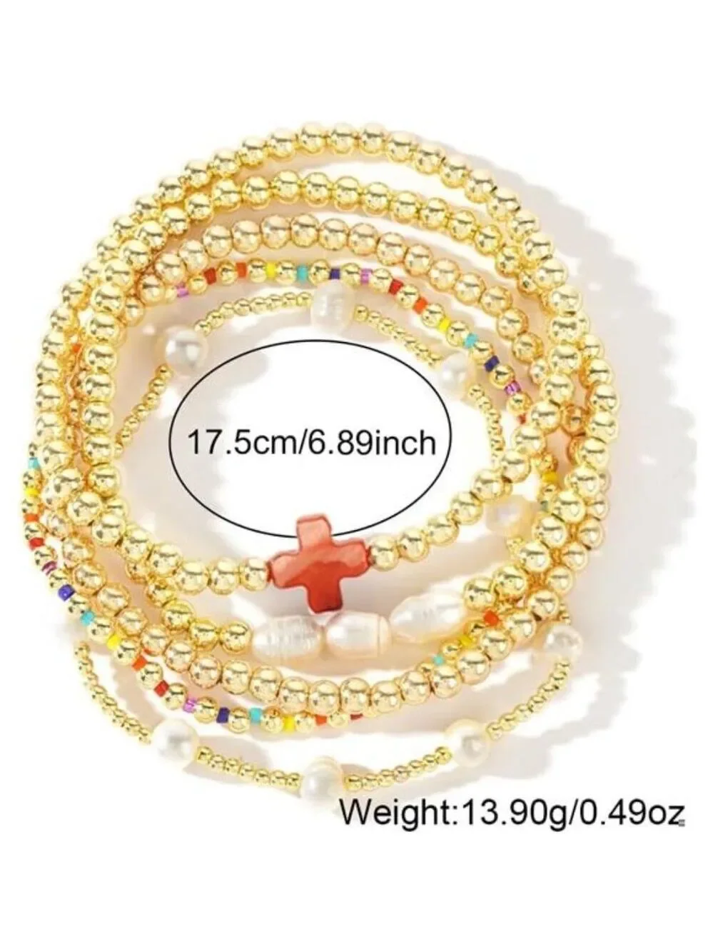 Gold Pearl Beaded Cross Bracelet Set Stretch Boho Layered Christian Jewelry